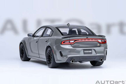 1:18 die-cast Dodge Charger R/T Scat Pack widebody model, rear view in gray