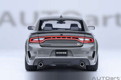 Grey Dodge Charger widebody die-cast model car, rear view, Dodge badge and red taillights.