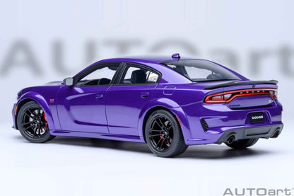 AUTOart 1:18 scale purple Dodge Charger model, rear three-quarter view