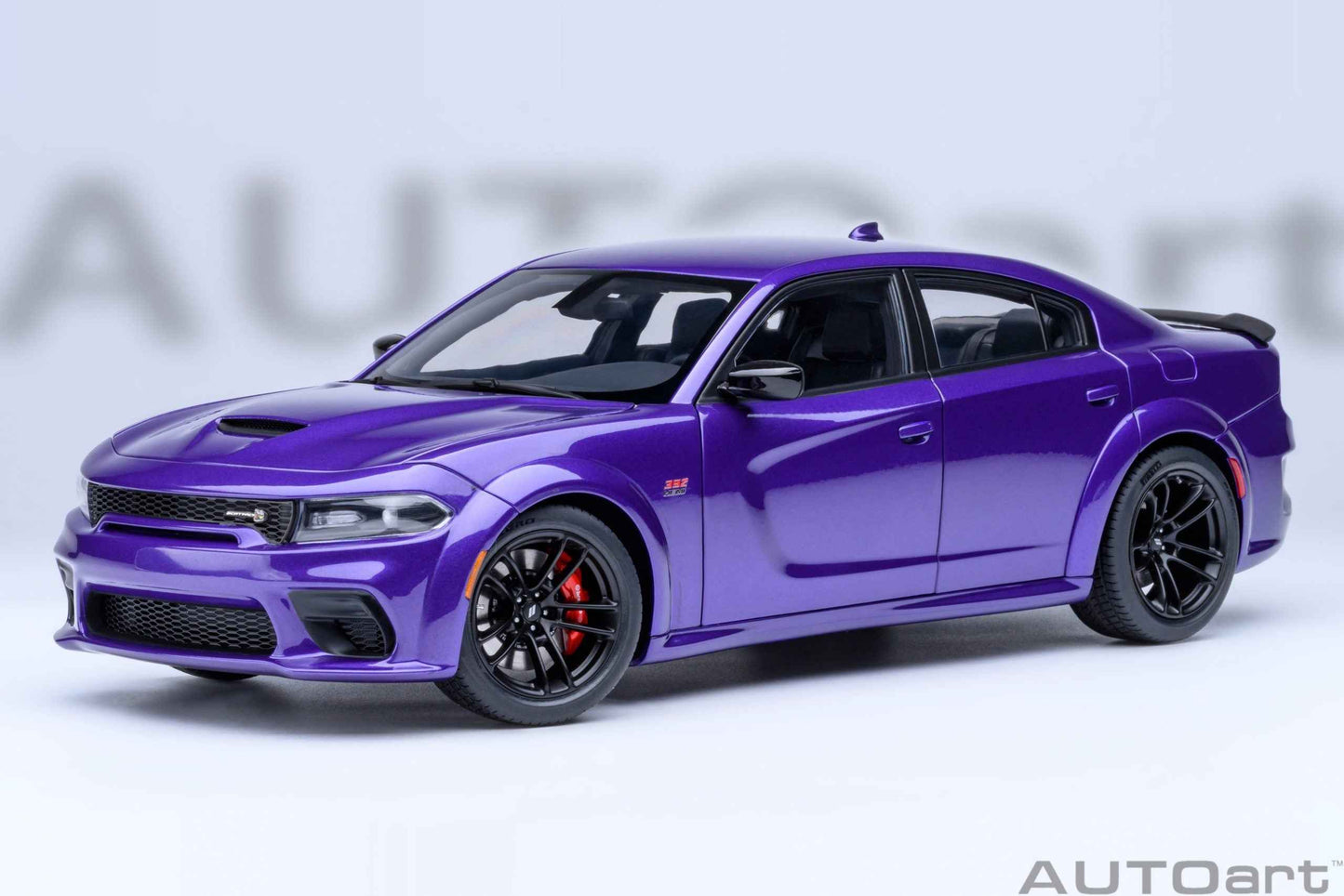 AUTOart 1:18 scale purple Dodge Charger model, front three-quarter view