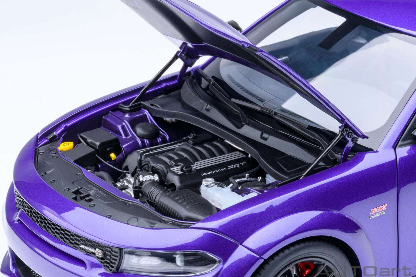 Purple die-cast muscle car with hood open, detailed engine bay and SRT cover
