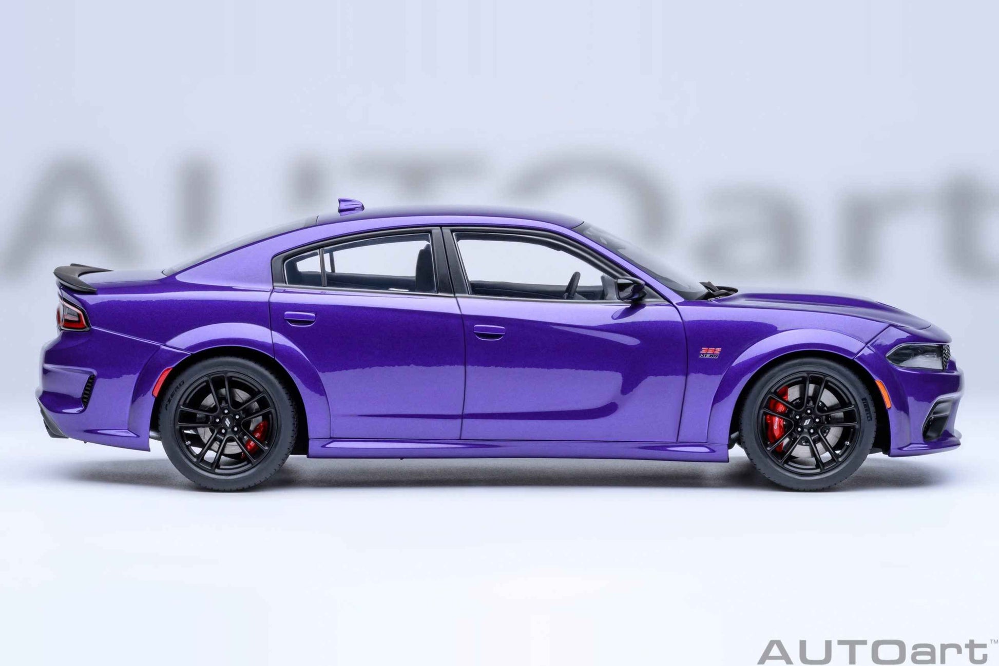 AUTOart 1:18 scale purple Dodge Charger model, right side profile