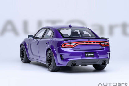 Purple die-cast muscle car rear view with red taillights and DODGE badge