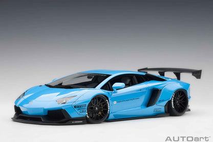 Sky blue die-cast sports car model with black wheels, side view, 1:18 scale