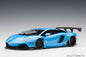 Sky blue die-cast sports car model with black wheels, side view, 1:18 scale