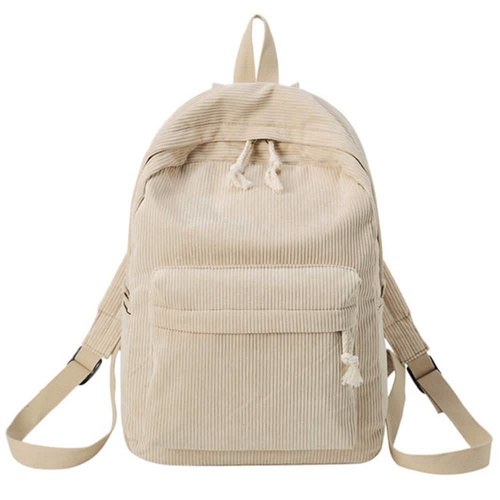 Beige backpack with tassel drawstring, front zip pocket, and adjustable shoulder straps