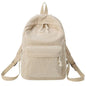 Beige backpack with tassel drawstring, front zip pocket, and adjustable shoulder straps