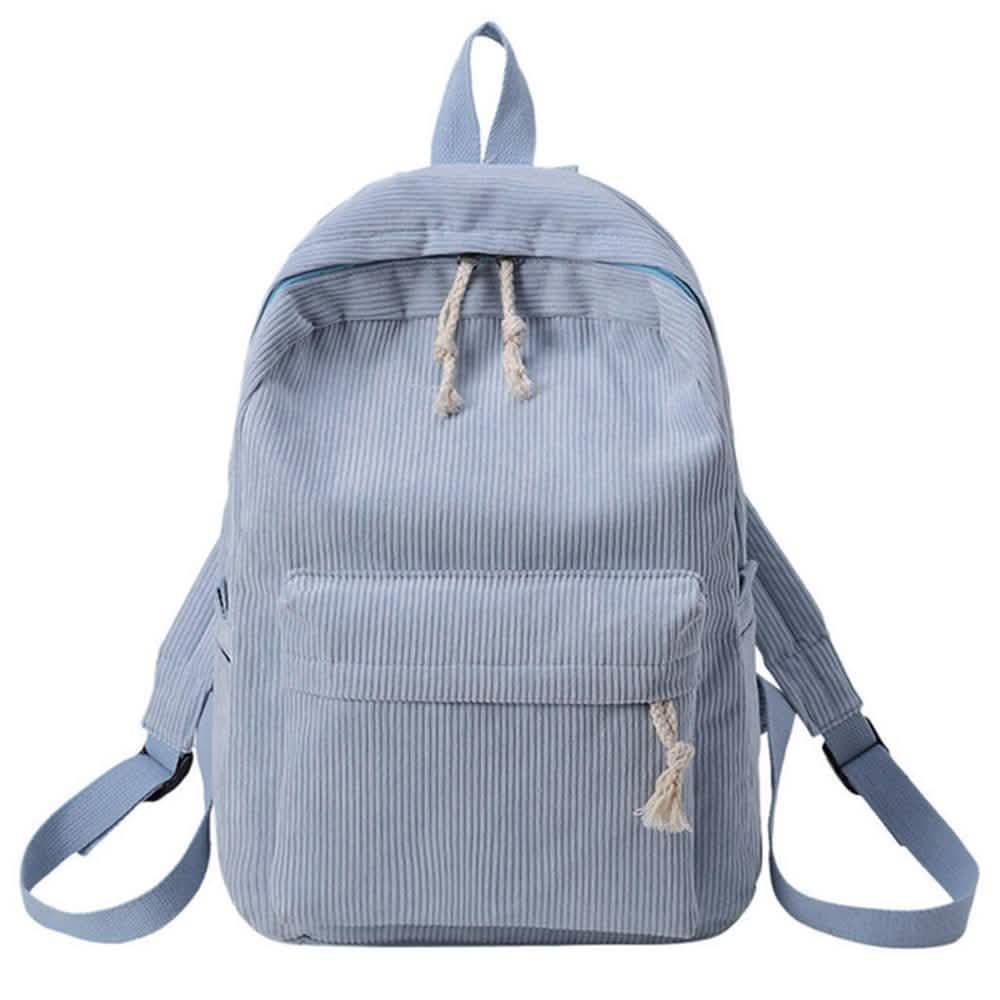Light blue backpack with tassel drawstring, front zip pocket, and adjustable shoulder straps