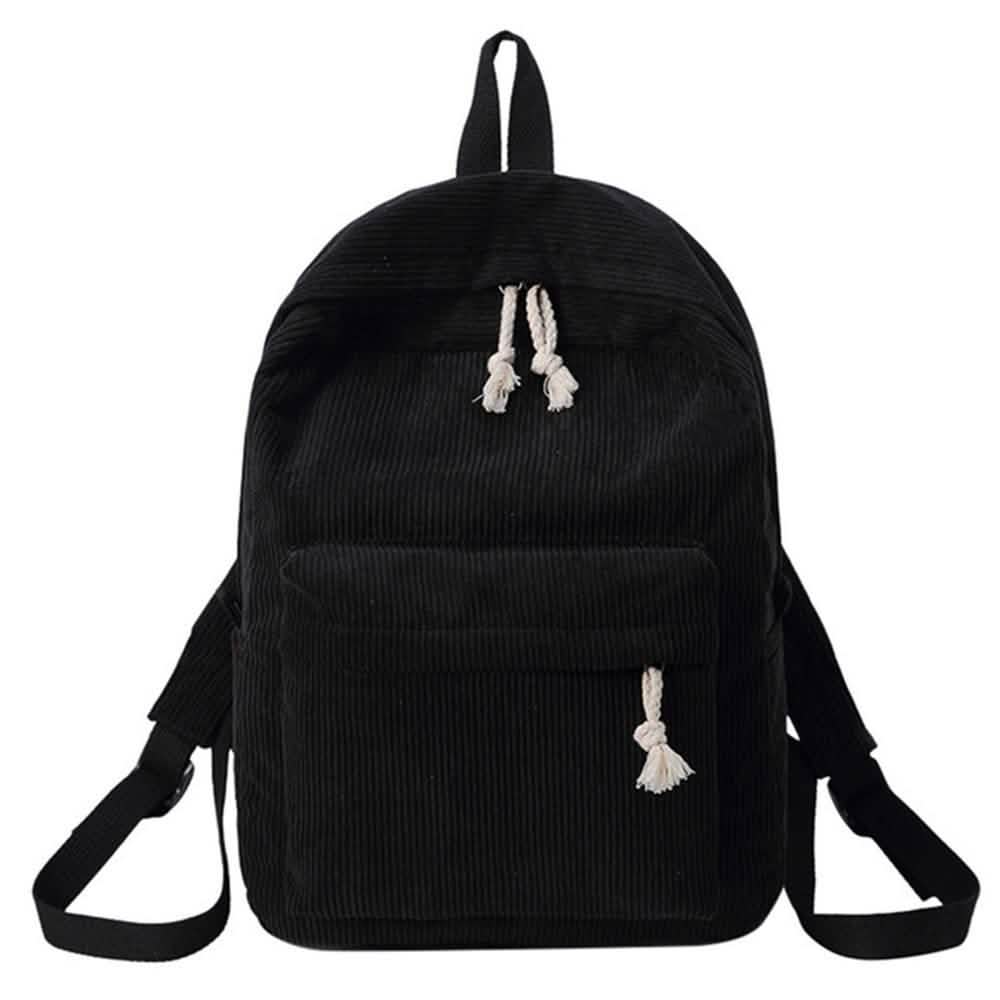 Black backpack with tassel drawstring, front zip pocket, and adjustable shoulder straps