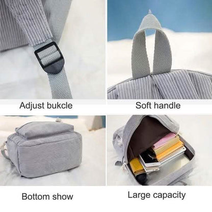Gray backpack with adjustable buckle strap and visible interior pocket opening