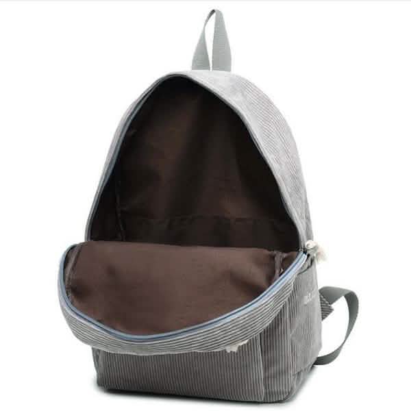 Light gray mini backpack with open top and adjustable shoulder straps, dark interior