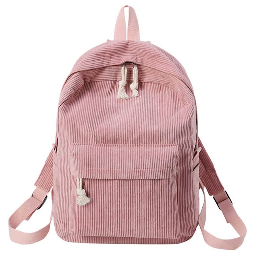 Pink backpack with tassel drawstring, front zip pocket, and adjustable shoulder straps