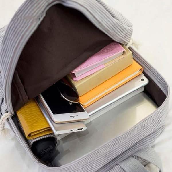 Light gray mini backpack open to show padded compartments for phone and notebooks