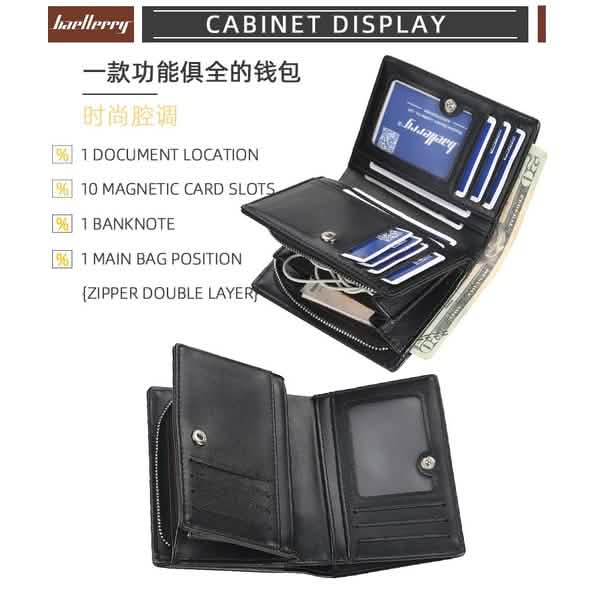 Men's zipper short wallet open in black leather-look with multiple compartments and zipper.