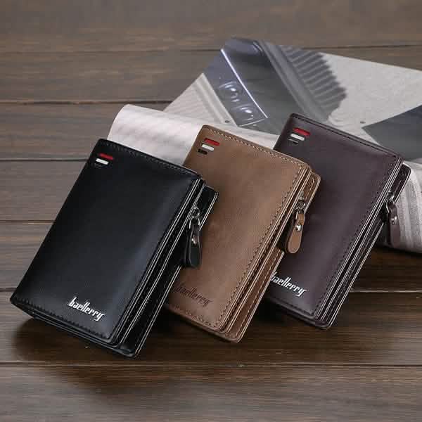 Men's zipper short wallets, black, coffee and khaki, leather-look.