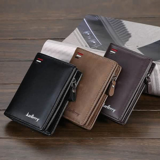 Men's zipper short wallets, black, coffee and khaki, leather-look.