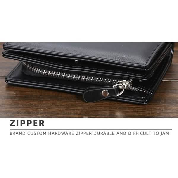 Men's zipper wallet with silver zipper pull and keyring-style leather strap