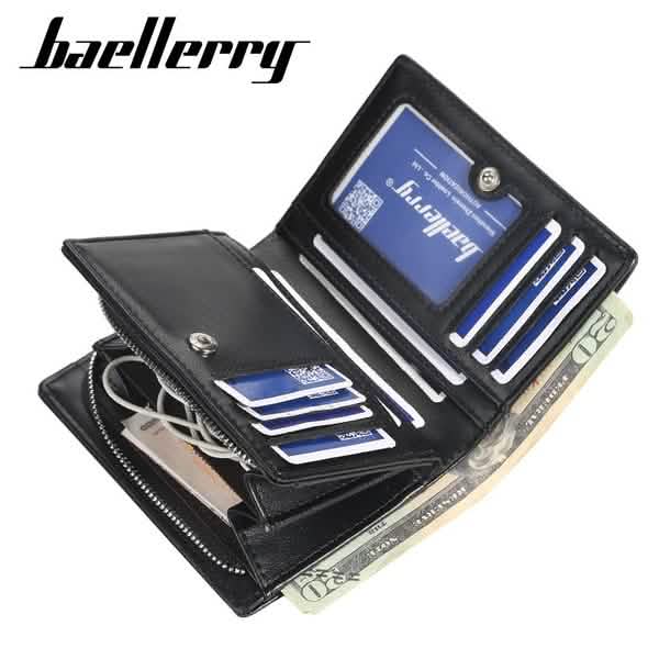 Men's zipper short wallet, black leather-look, open with card slots and coin pouch.