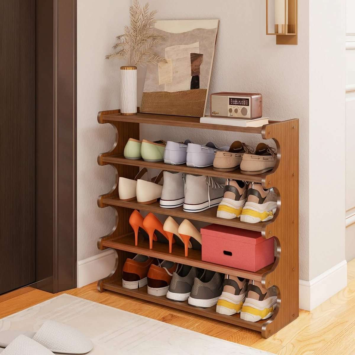 Bamboo shoe rack organizer with wide shelves and curved openings, holding mixed shoes