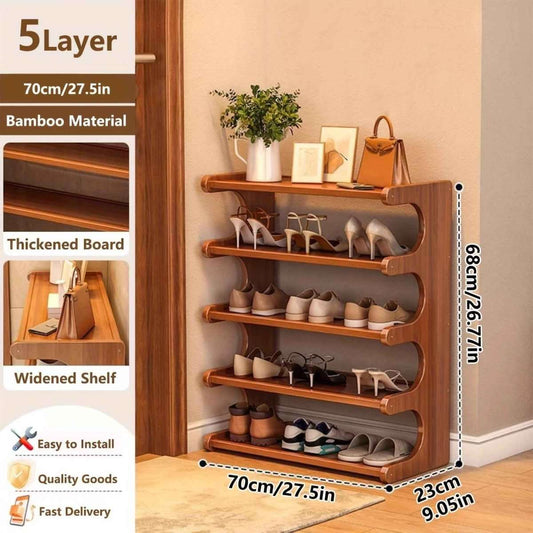 Bamboo multi-tier shoe rack with curved shelves and side cutouts, space-saving storage