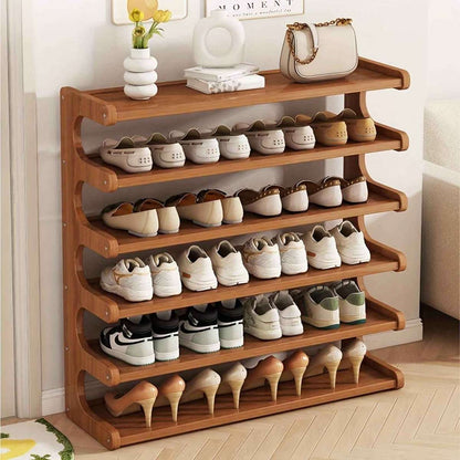 Bamboo shoe rack organizer with multiple wide tiers and curved shelf edges, mixed shoes