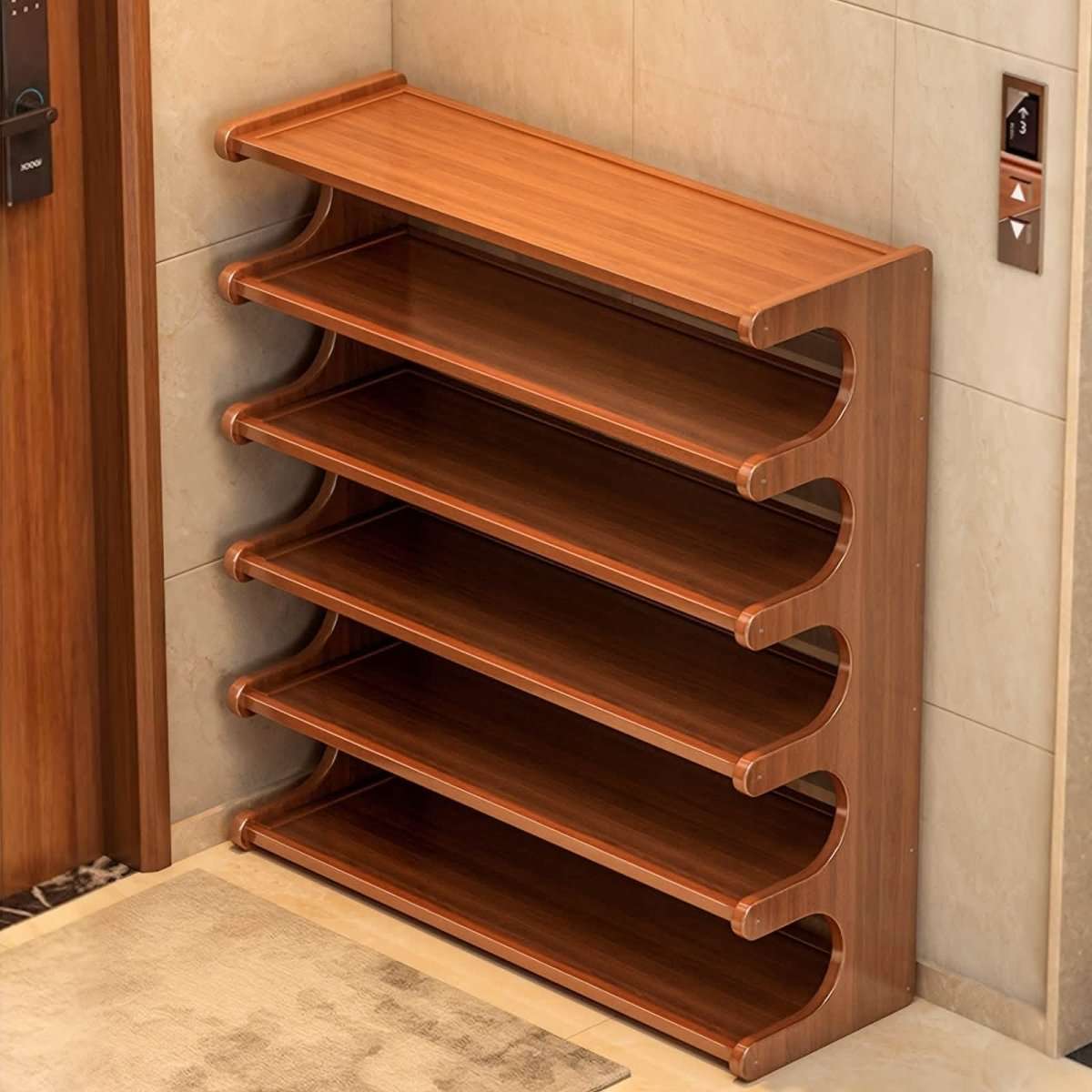 Bamboo shoe rack organizer with four curved open shelves, empty for shoe storage