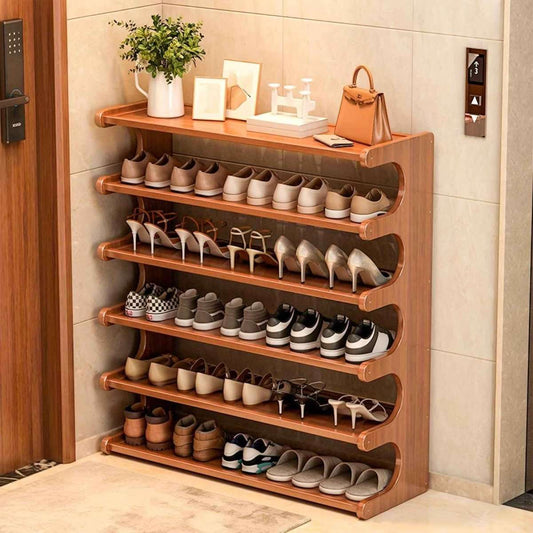 Bamboo multi-tier shoe rack organizer with curved side openings, holds several pairs