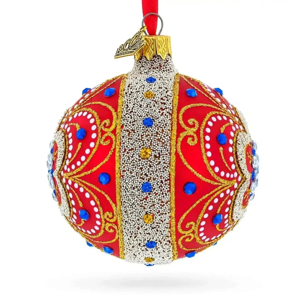 Baroque Filigree with Gemstones on Red Glass Ball Christmas Ornament 3.25 Inches Cartsfy Inc.