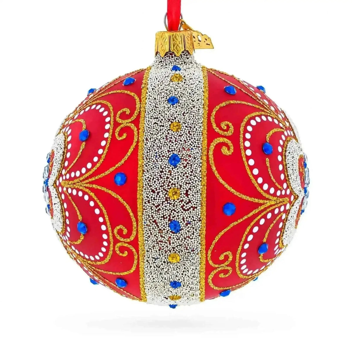 Baroque Filigree with Gemstones on Red Glass Ball Christmas Ornament 4 Inches Cartsfy Inc.