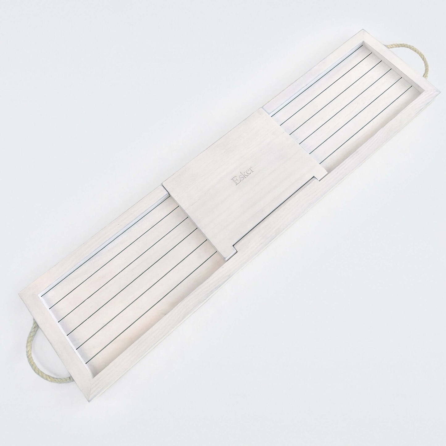White wooden bath board with long slats, centered brand mark, and loop handle