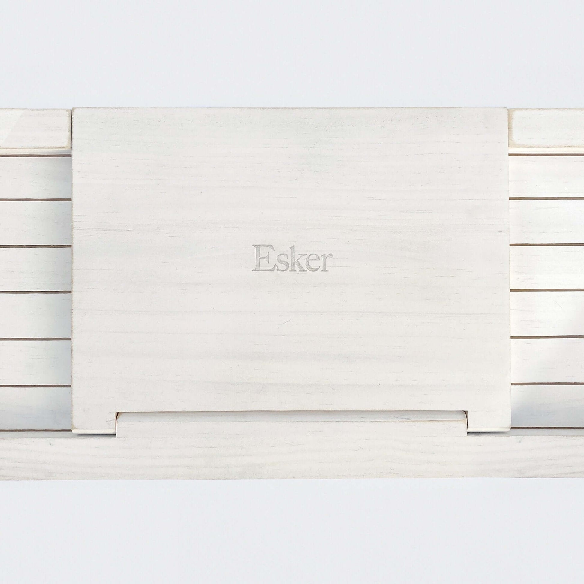 White wooden bath board panel with centered Esken logo and fold tab