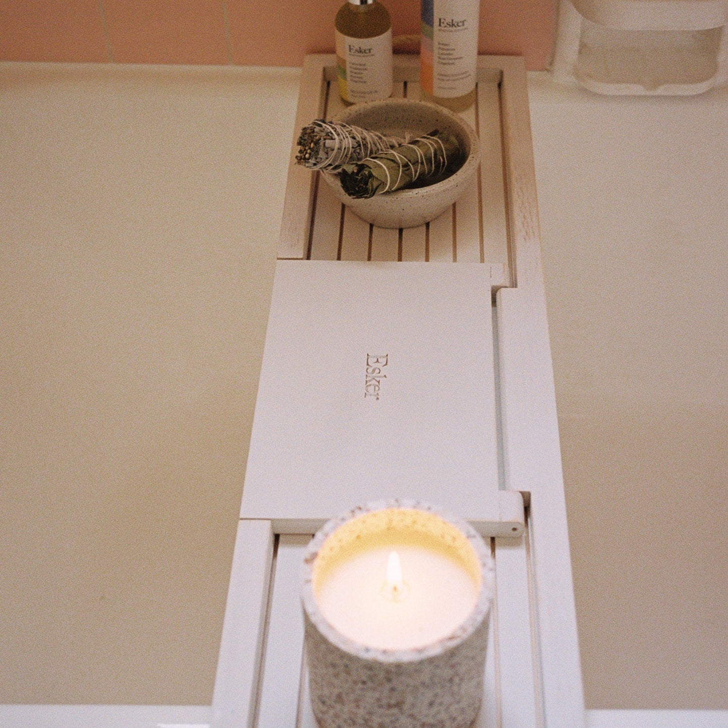 White wooden bath board with hinged slatted lid and front fold section