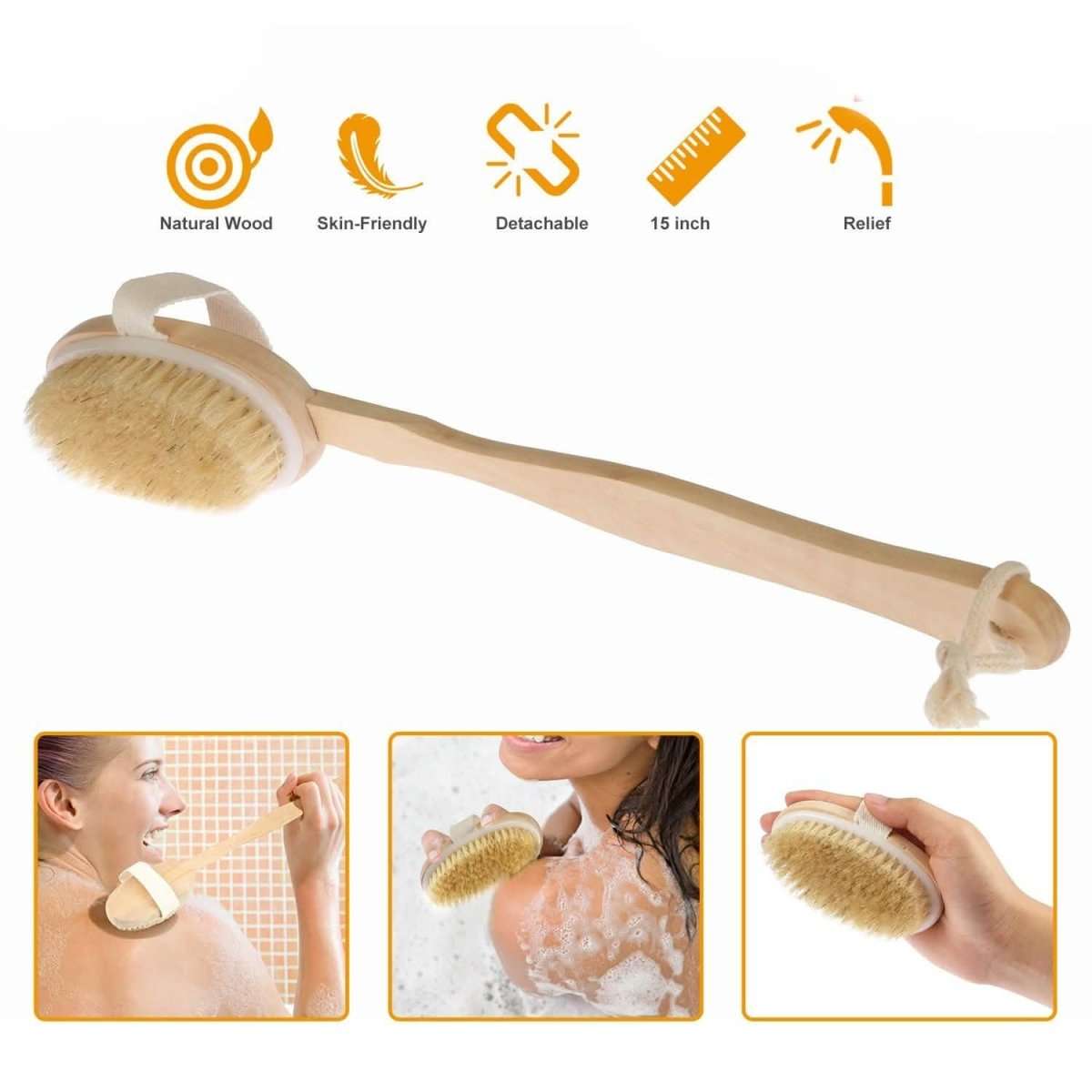 Long wooden bath brush with oval tan bristle head and looped hanging end