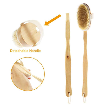 Bath brush with detachable wooden handle and oval tan bristle head