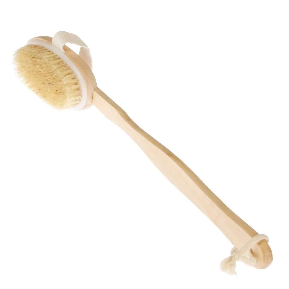Bath body scrubber with long wooden handle and oval tan bristle head