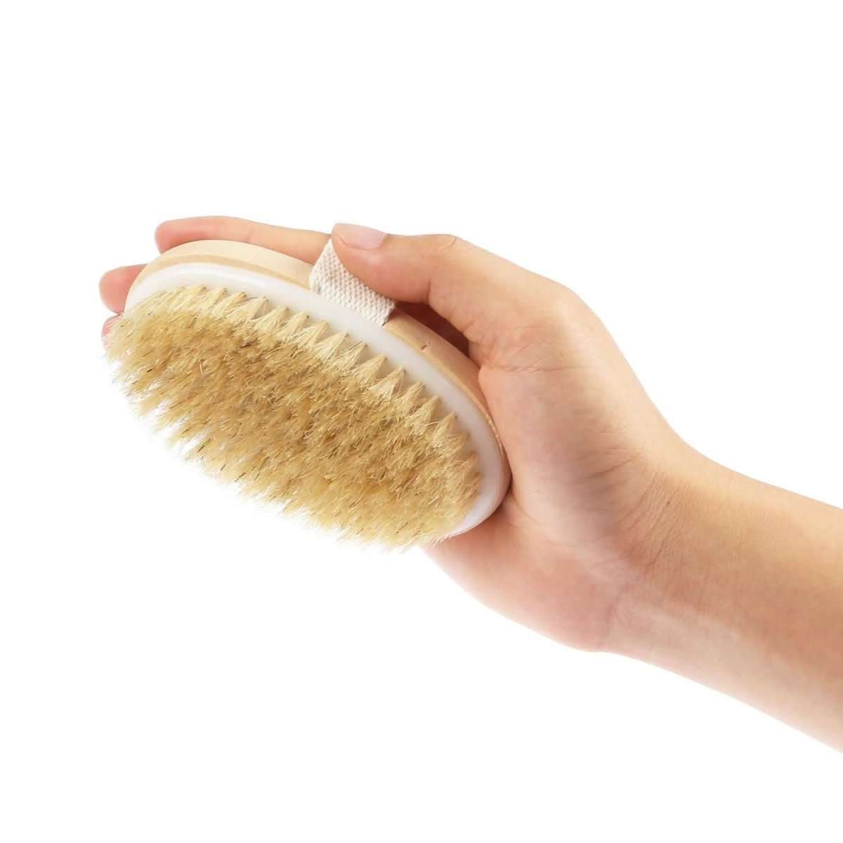 Bath back scrubber brush head with tan bristles and white oval rim