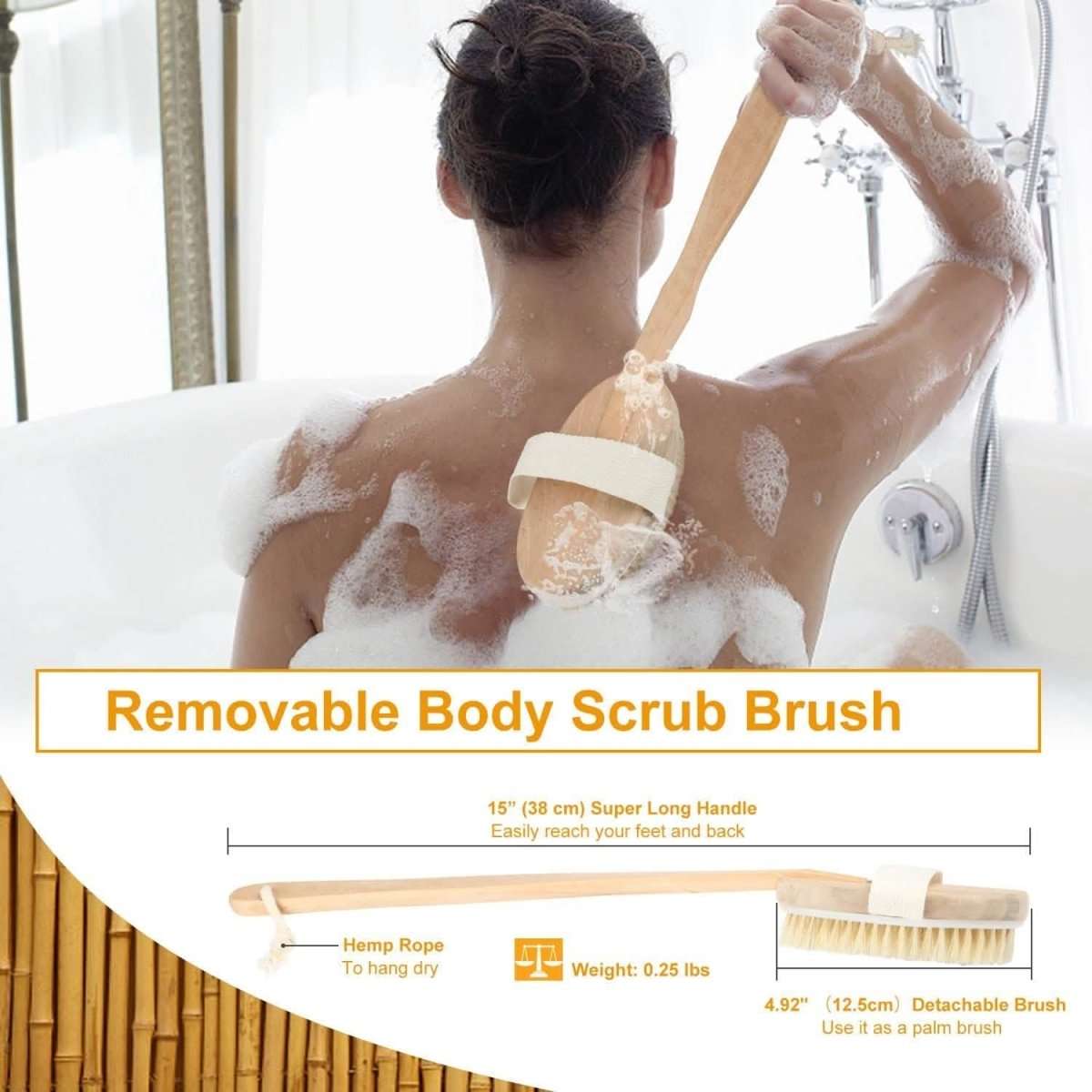 Removable bath scrub brush with long wooden handle, hemp rope, and oval bristle head
