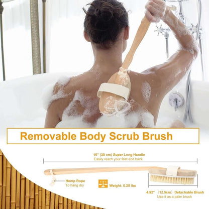 Removable bath scrub brush with long wooden handle, hemp rope, and oval bristle head