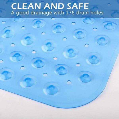 Non-slip bath mat, blue textured surface with suction dots