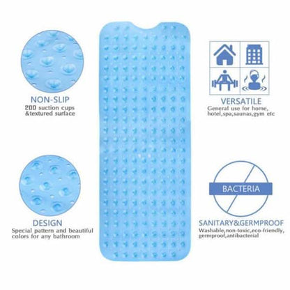 Non-slip bath mat, blue with textured suction-dot surface and rounded corners