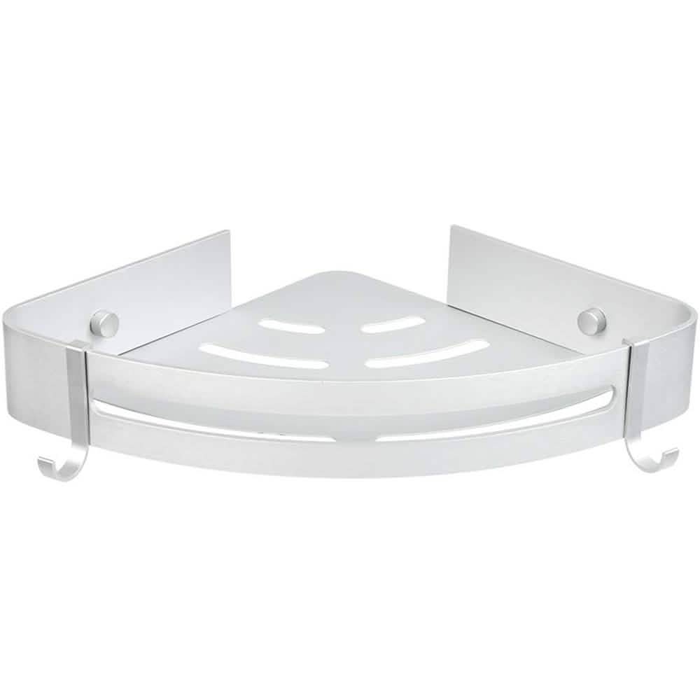 Silver/white triangle corner wall-mount shower shelf rack with perforated soap dish
