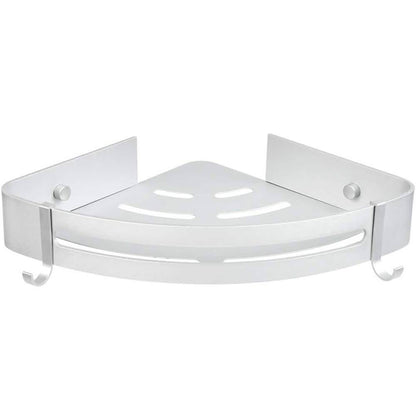 Silver/white triangle corner wall-mount shower shelf rack with perforated soap dish