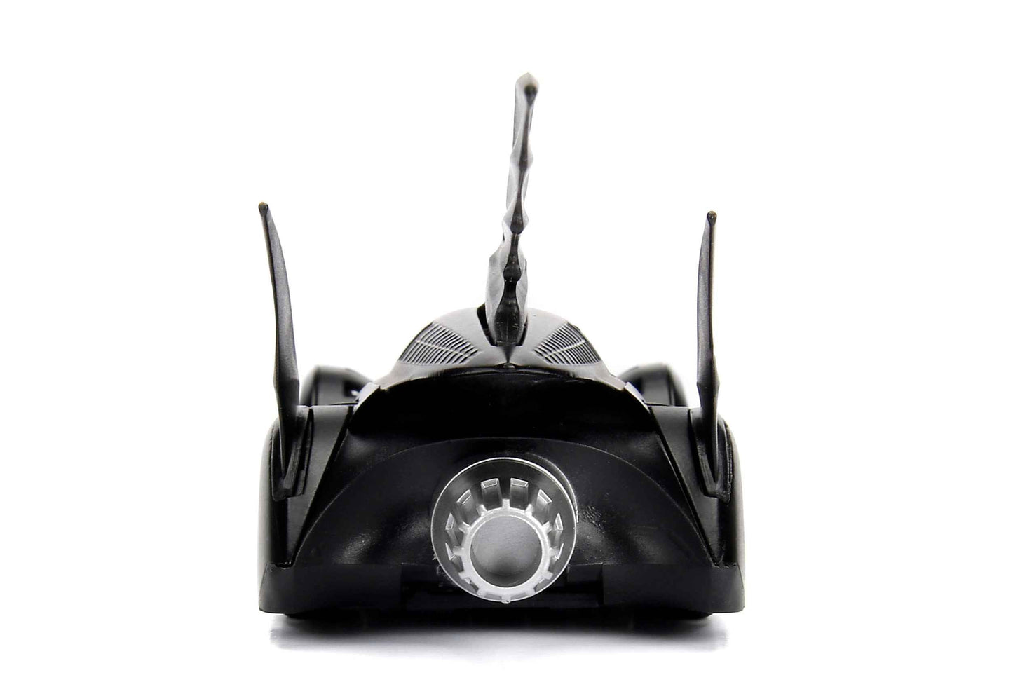 Black diecast Batmobile model car, front view with silver circular grille and fins