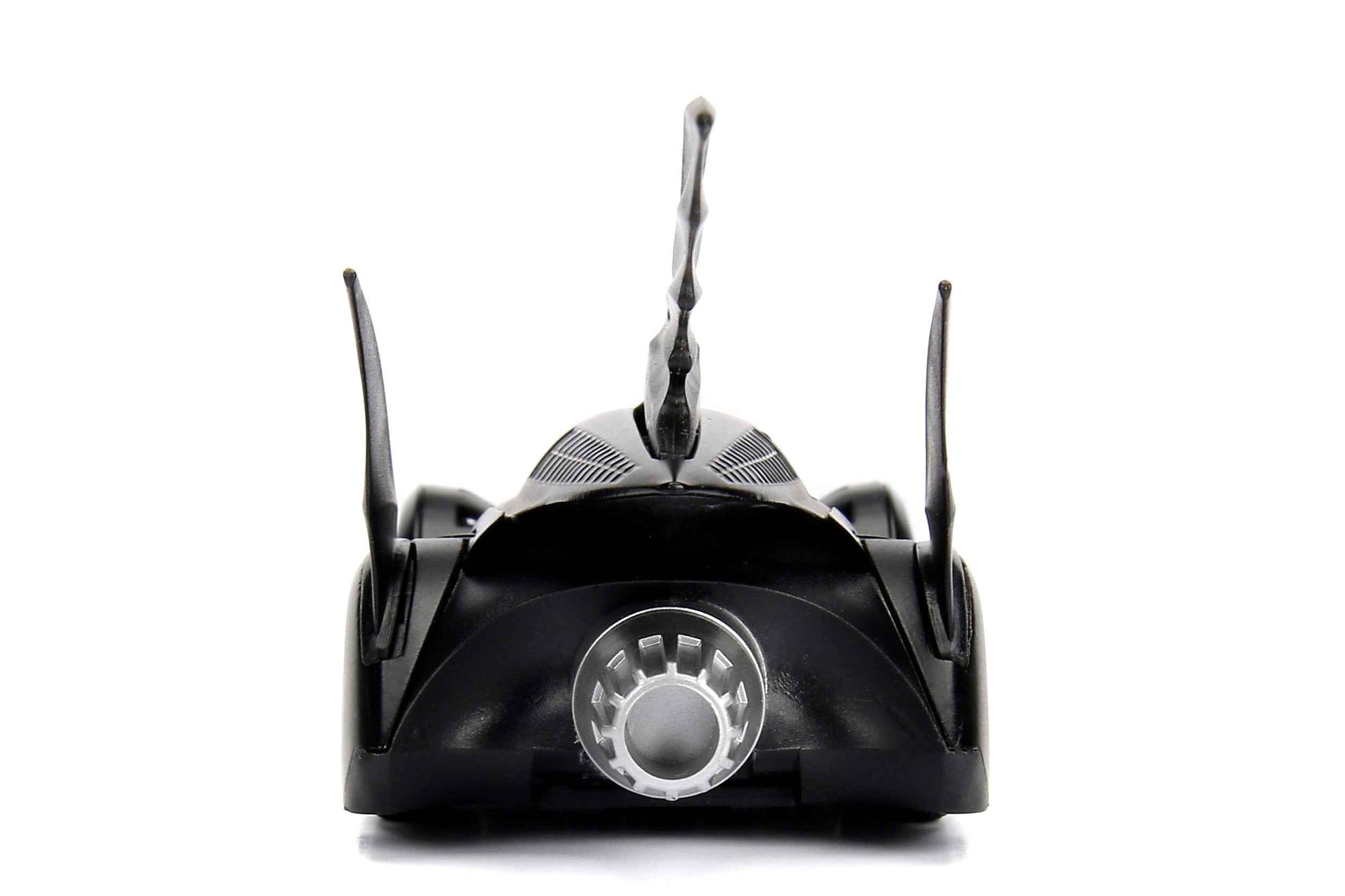 Black diecast Batmobile model car, front view with silver circular grille and fins