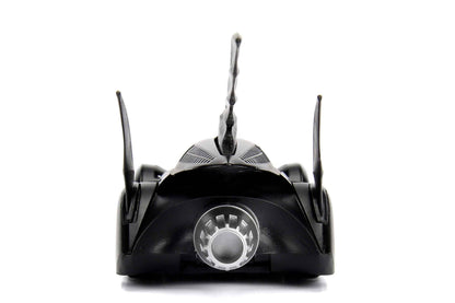 Black diecast Batmobile model car, front view with silver circular grille and fins