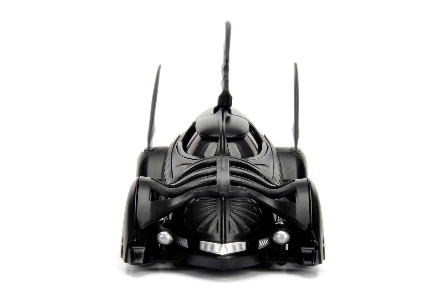 Black Batmobile 1/32 diecast model car, front view with bat-like grille and headlights