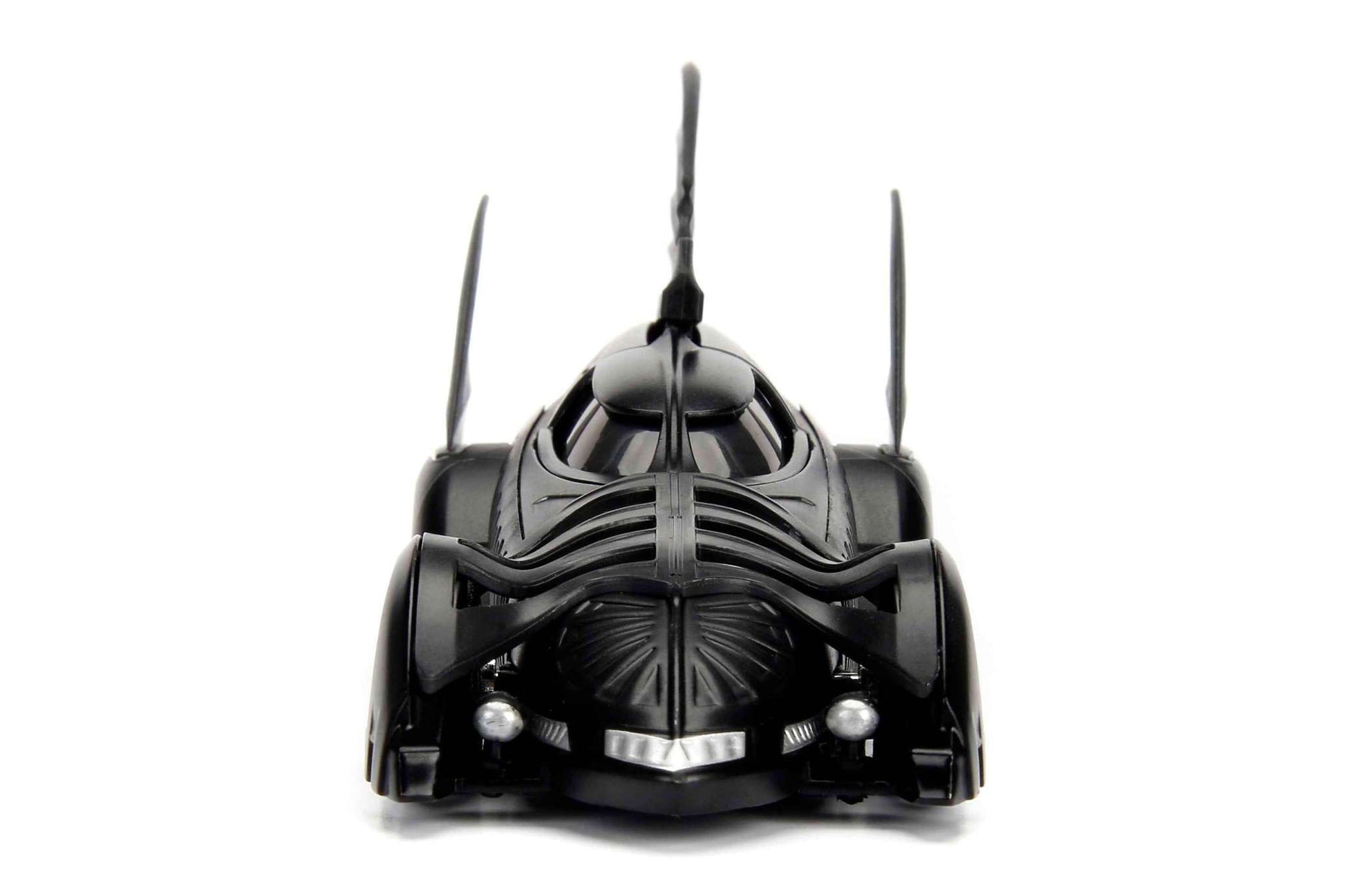 Black Batmobile 1/32 diecast model car, front view with bat-like grille and headlights