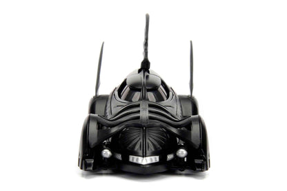 Black Batmobile 1/32 diecast model car, front view with bat-like grille and headlights