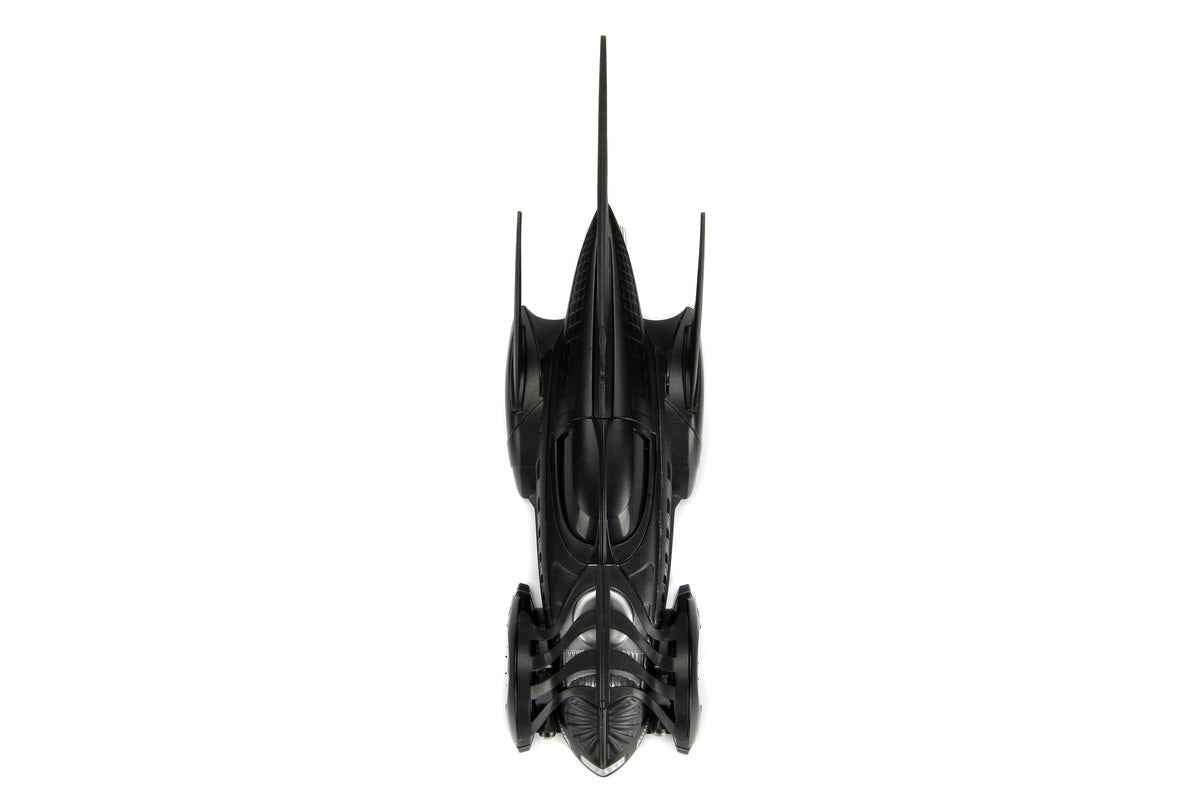 Black Batmobile diecast model car, front view with Batman cowl shape