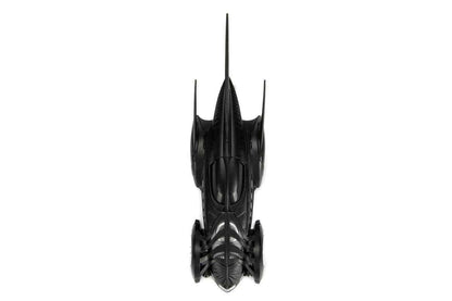 Black Batmobile diecast model car, front view with Batman cowl shape